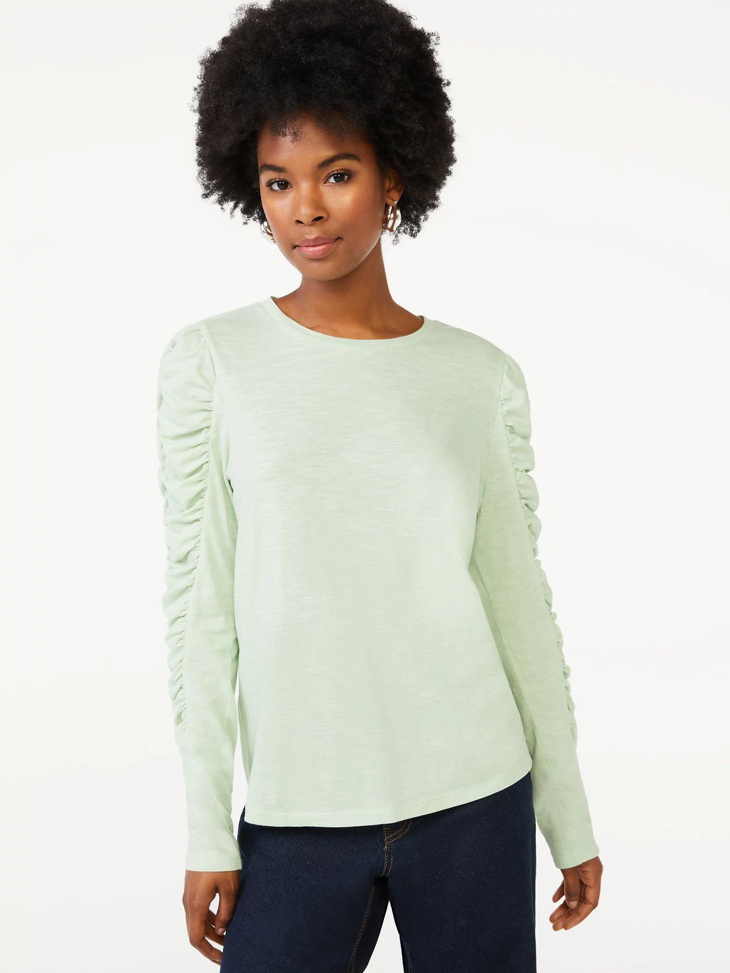 Scoop Women's Semi Sheer Ruched Sleeve Top - Walmart.com | Walmart (US)