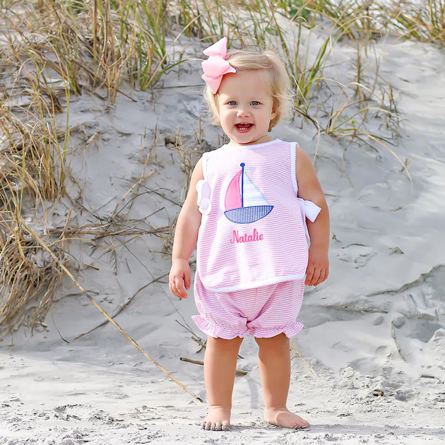 Sailboat Applique Pink Stripe Elsy Bloomer Set | Classic Whimsy