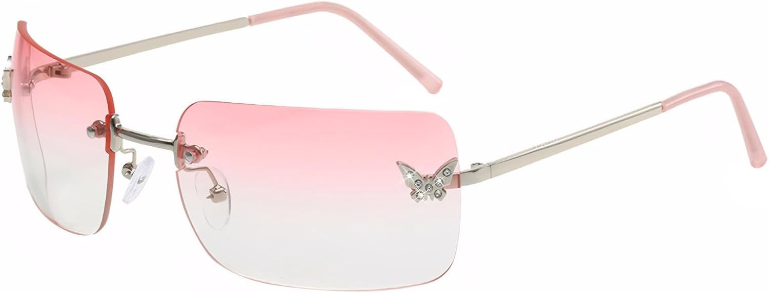 Rectangle Y2k Sunglasses for Women Cute Rimless Clear Frameless Tinted Lens 2000S Trendy Shades Butterfly Glasses | Amazon (US)