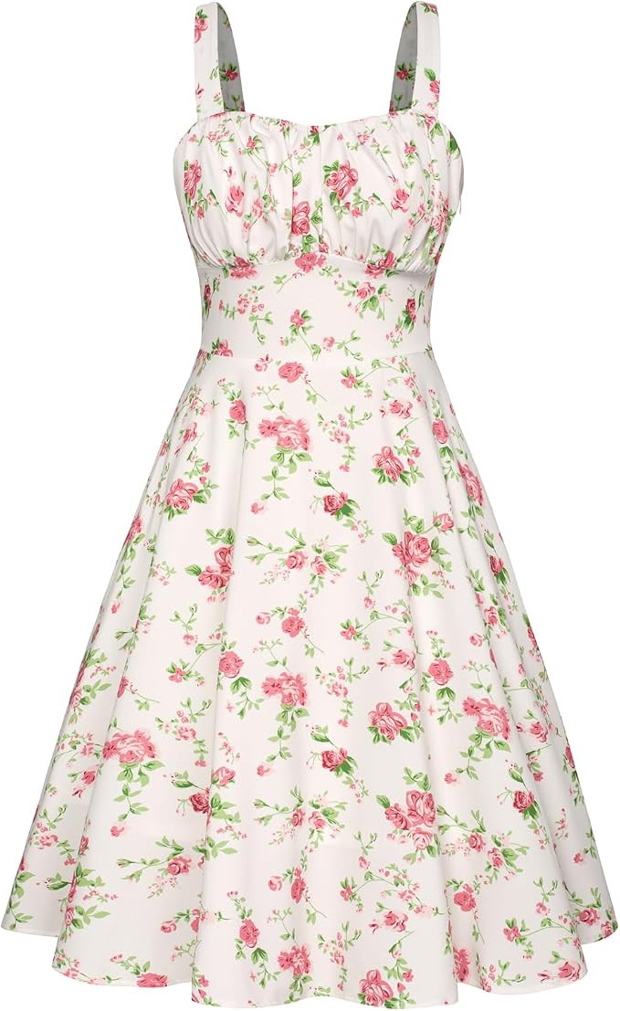 Belle Poque Women's Vintage Sleeveless Floral Ruched Summer Cute A-Line Flowy Swing Midi Dress | Amazon (CA)