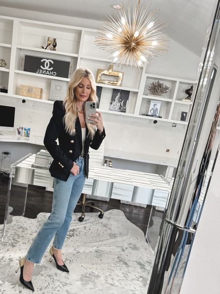 Because you can never go wrong with a classic black blazer and a really good pair of jeans! These straight leg slim jeans fit like a dream and I love this medium wash! They run tts, I’m wearing a size 00. PS - I linked my new office decor as well! 

#LTKfindsunder100 #LTKstyletip #LTKhome