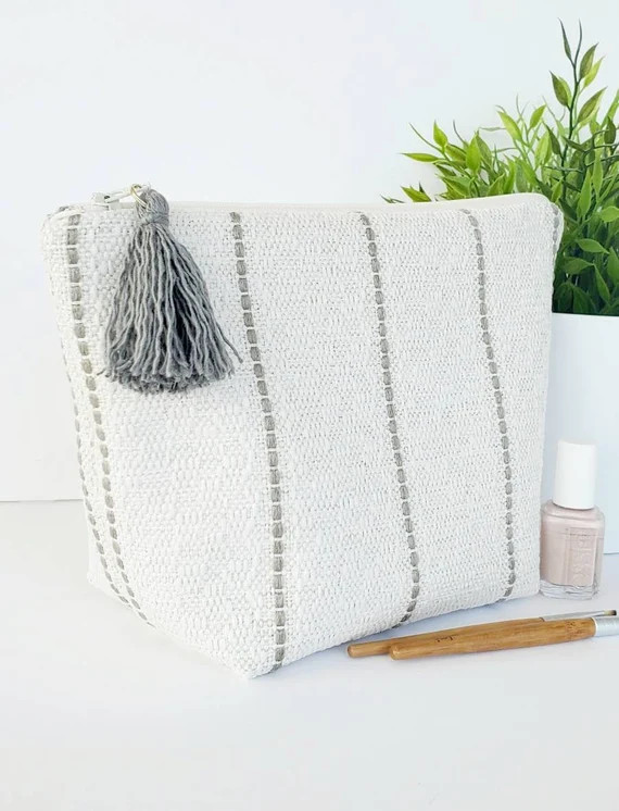 Gray stripes makeup bag with tassel, teen girl gift, unique cosmetic bag | Etsy (CAD)