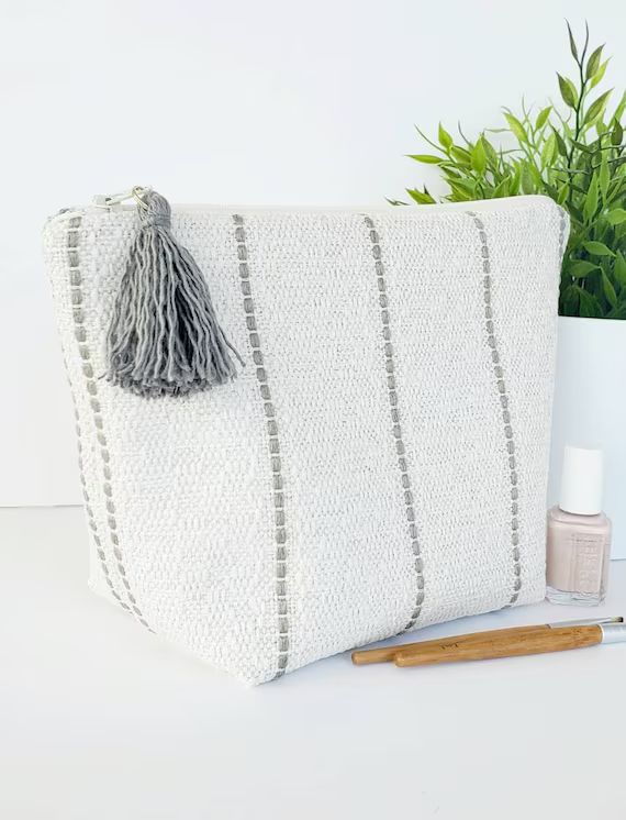 Gray stripes makeup bag with tassel, teen girl gift, unique cosmetic bag | Etsy (CAD)