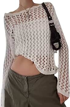ABYOVRT Women Knit Crochet Hollow Out Fishnet Top Long Sleeve See Through Mesh Shirt Sexy Club St... | Amazon (US)
