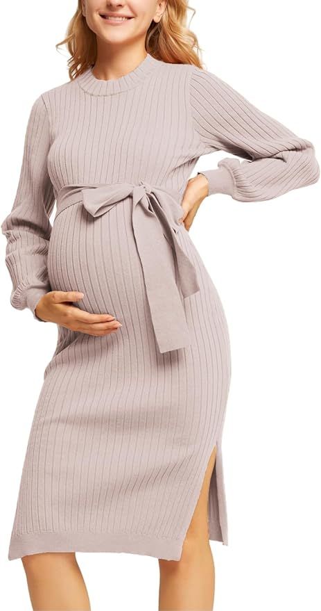 Maacie Maternity Fall Sweater Lantern Sleeve Tie Waist Bodycon Dress with Slit | Amazon (US)