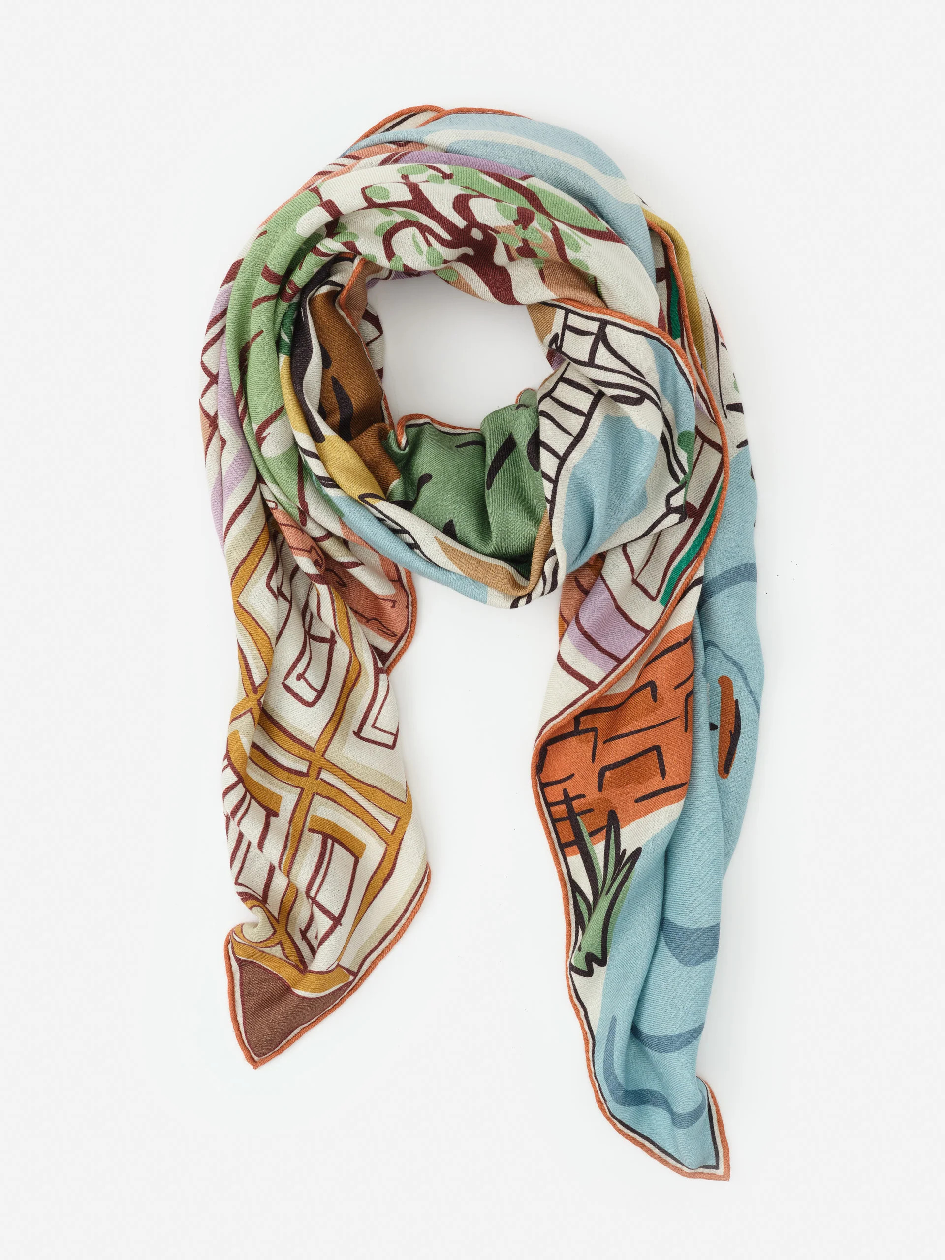 J.McLaughlin Women's Vanessa Scarf in Village Stroll Border Off White | Cashmere/Silk | J.McLaughlin