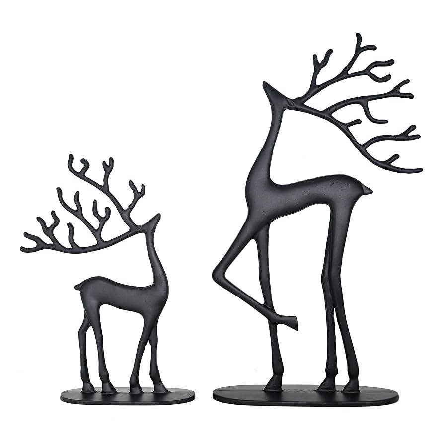 Modern Reindeer Statues Set of 2 Cast Aluminum Black Deer Sculpture Accent Figurine, Decorative, ... | Amazon (US)