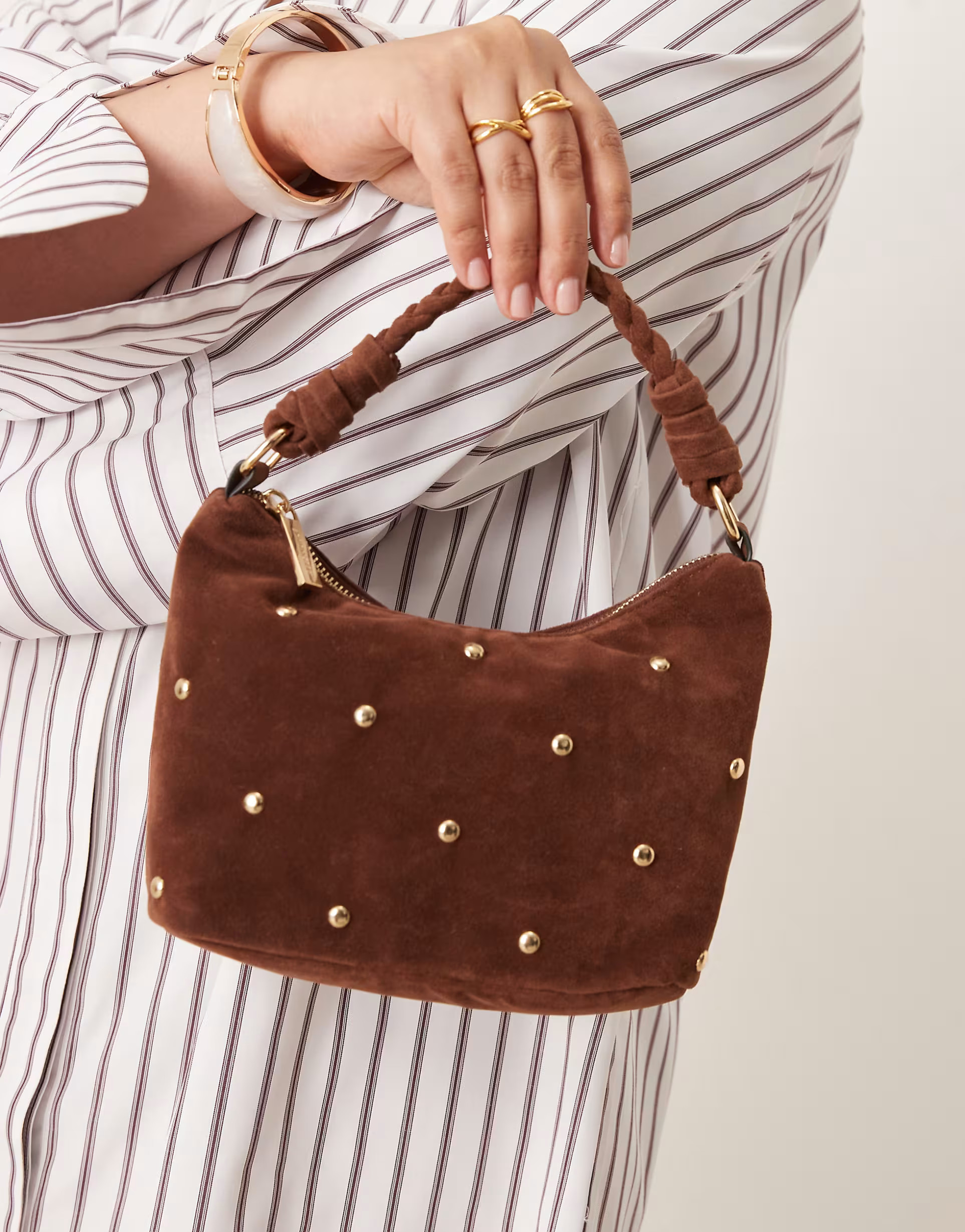 Accessorize studded faux suede handheld bag in brown | ASOS (Global)