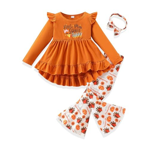 FJLSJSW Toddler Girl Clothes Thanksgiving Day Print Top with Turkey Print Pants Little Girls Winter Outfit Size (6-7T) Yellow | Amazon (US)