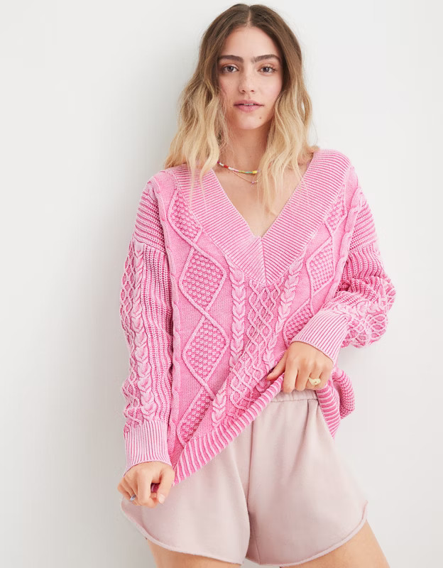 Aerie Cable V-Neck Pullover Sweater | Aerie