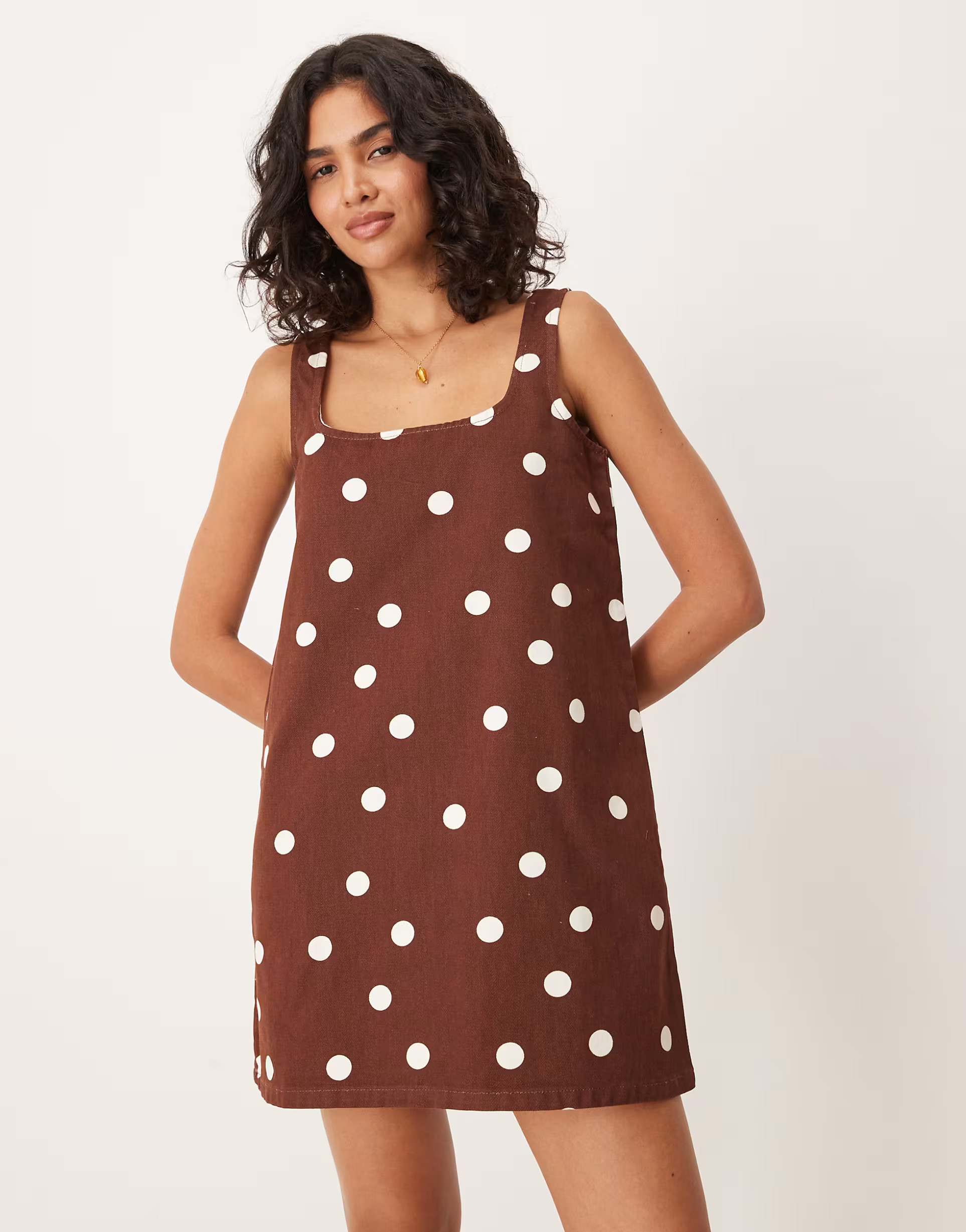 ASOS DESIGN square neck denim mini dress in brown polka dot | ASOS | ASOS (Global)