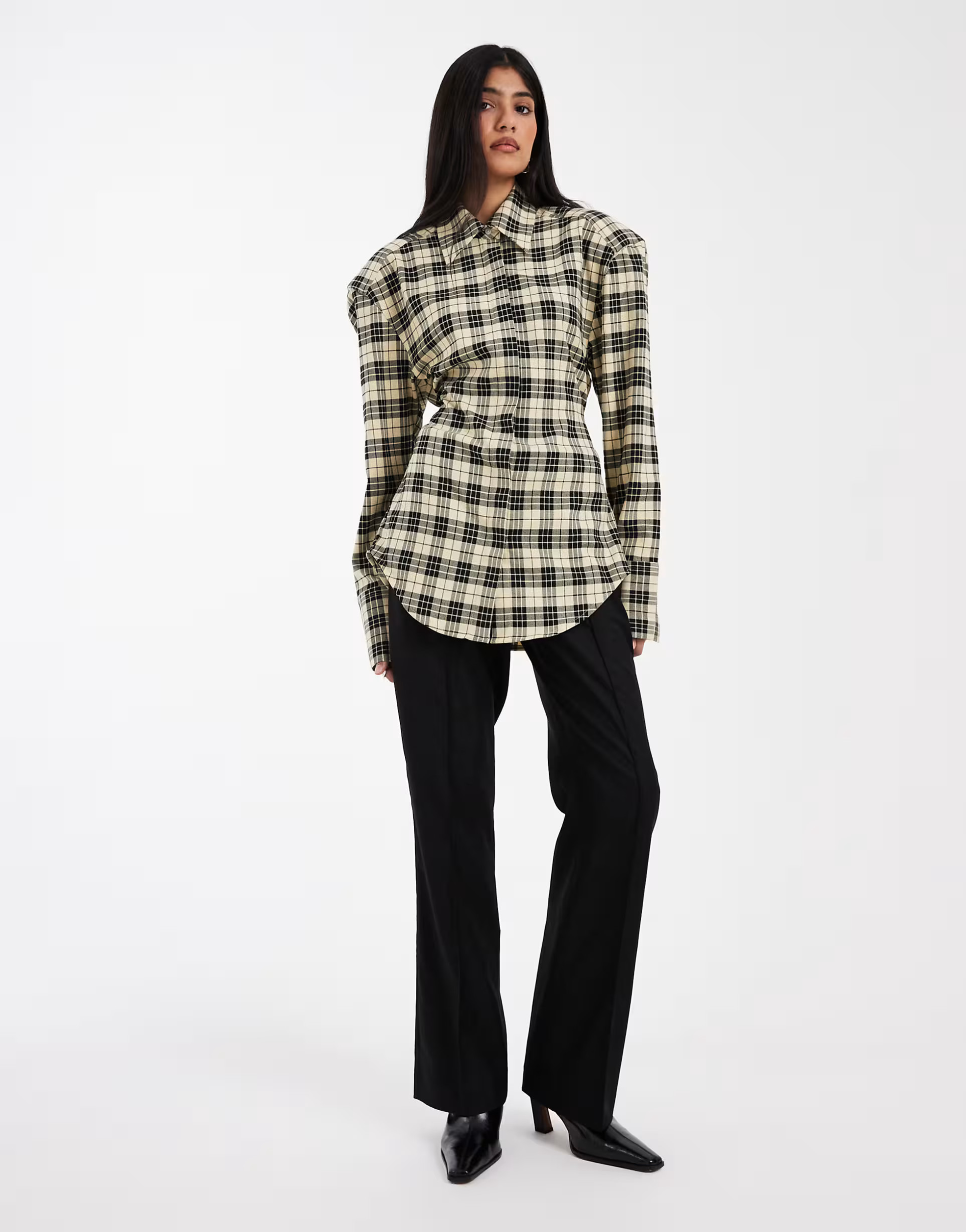 ASOS DESIGN cinch waist shoulder pad shirt in brushed plaid | ASOS (Global)