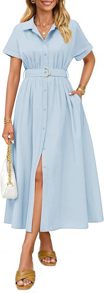 ZESICA Women's Summer Short Sleeve Midi Dress 2026 Button Down A Line Belt Work Business Casual L... | Amazon (US)