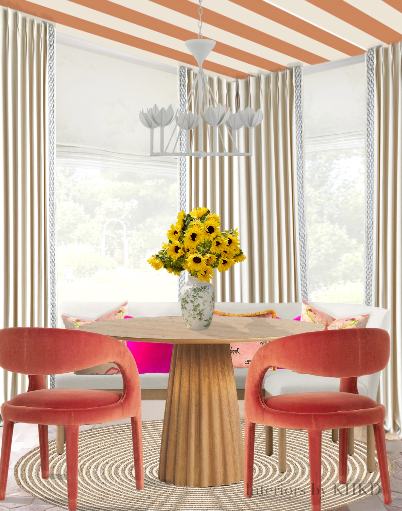 This cozy and chic breakfast nook is absolutely the place where you want to start your mornings in a cheerful mood thanks to rich-toned furnishings and barbie core-inspired pillows. The creamy white linen drapes, the crisp white dining banquette and the hand-braided jute/cotton rug ground the space with calming elegance. We wallpapered the ceiling to add a little bit drama and fashion-forward vibe. #diningroom #falldecor #barbiecore

#LTKFind #LTKSeasonal #LTKhome