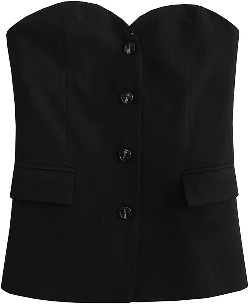 Women's Strapless Suit Vest Button Front Business Formal Waistcoat Vest with Pockets | Amazon (US)