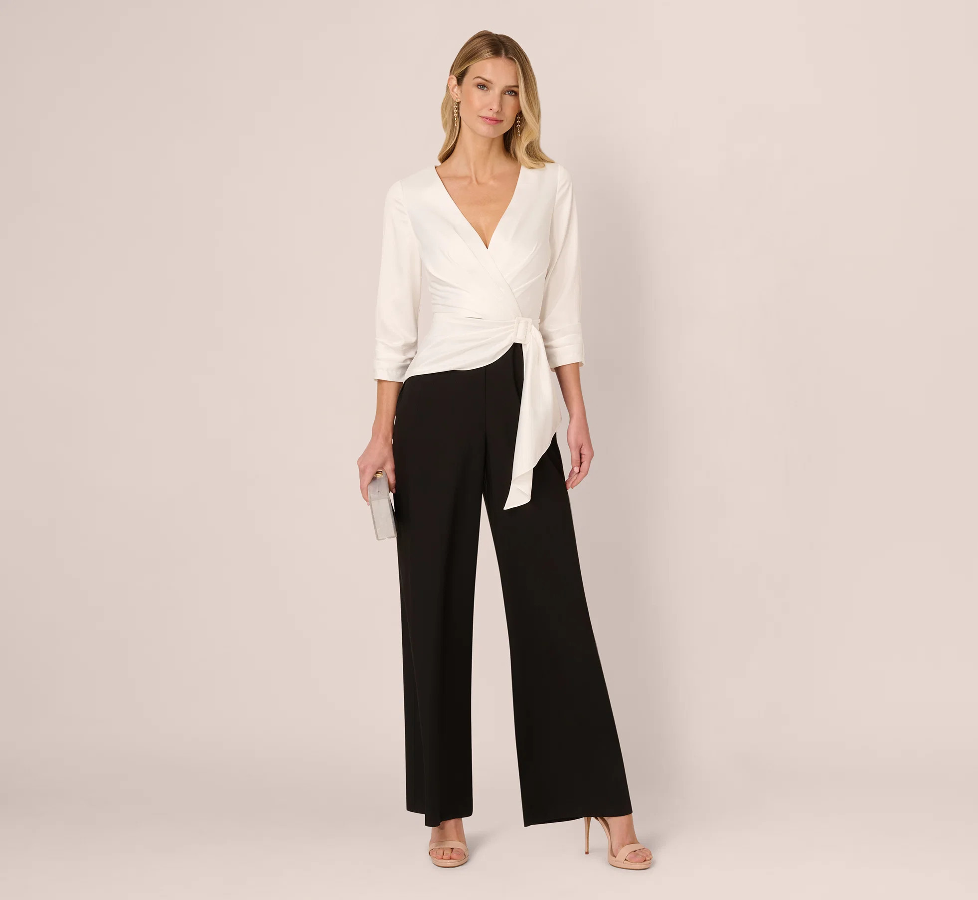 Three Quarter Sleeve Draped Combo Jumpsuit In Ivory Black | Adrianna Papell