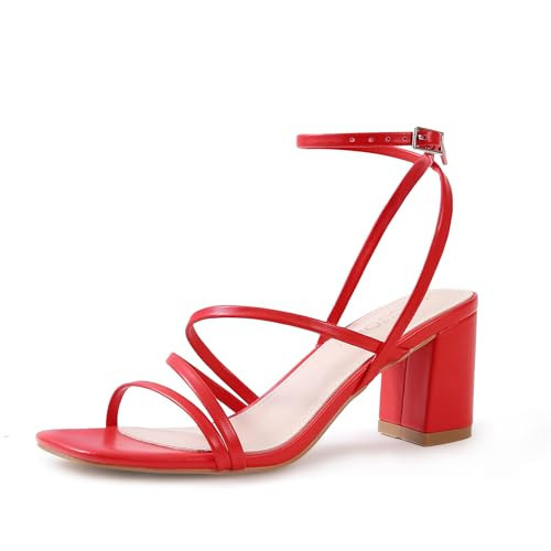 LACUONE Strappy Heels for women Block Heels Square Toe Chunky Ankle Buckle Pump Heeled Sandals (7.5,Red) | Amazon (US)