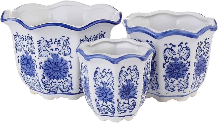 Blue and White Porcelain, Flower Pots, Chinese Ceramic Planters for Indoor Decorative -Set of 3 | Amazon (US)