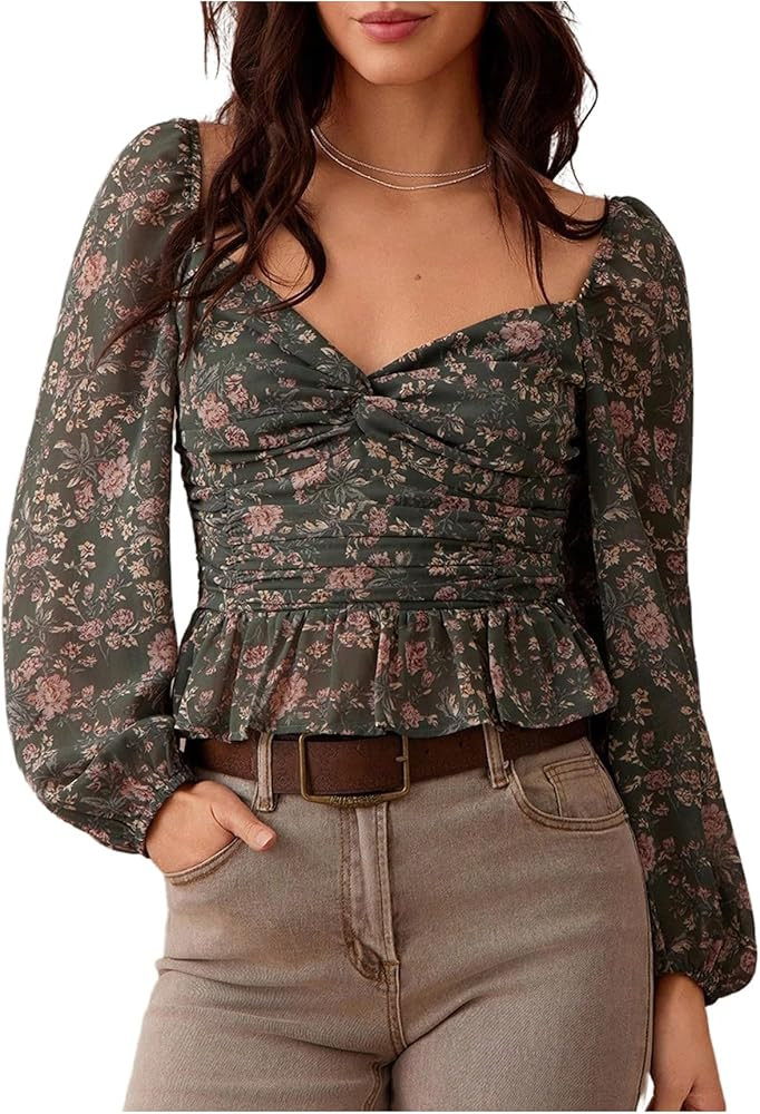 Floerns Women's Vintage Floral Blouse Tops Lantern Long Sleeve Twist Front Peplum Top | Amazon (US)