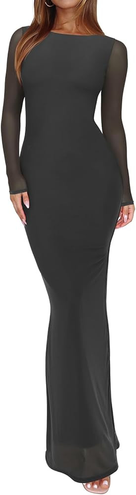 REORIA Women's Fall Mesh Sheer Long Sleeve Wedding Guest Dress Sexy Floral Bodycon Maxi Long Dres... | Amazon (US)