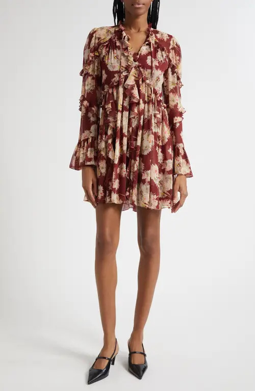 Cinq à Sept Mae Floral Print Ruffle Long Sleeve Chiffon Minidress in Wineberry Multi at Nordstrom, Size 6 | Nordstrom