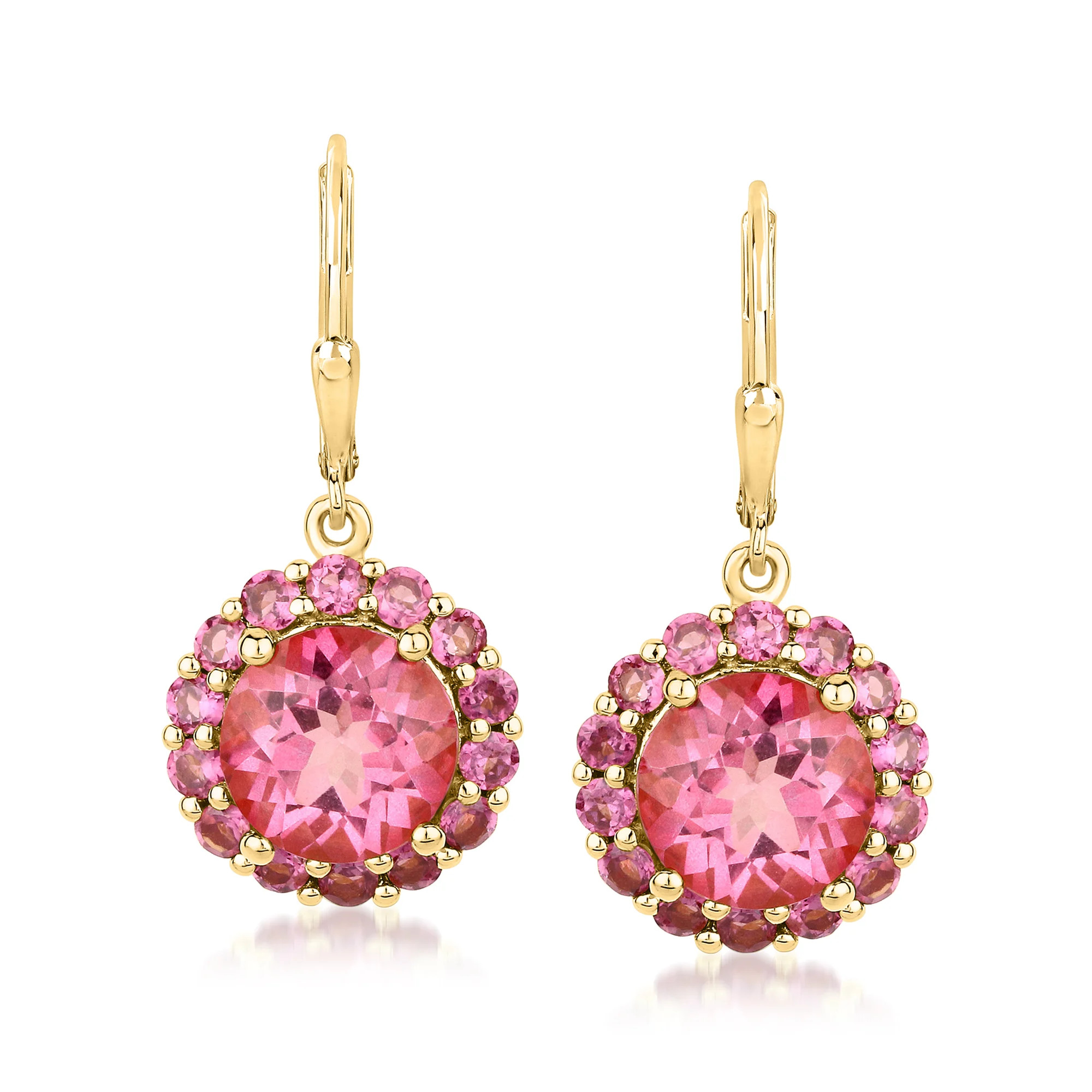 8.00 ct. t.w. Pink Topaz and 2.10 ct. t.w. Rhodolite Garnet Flower Drop Earrings in 18kt Gold Ove... | Ross-Simons