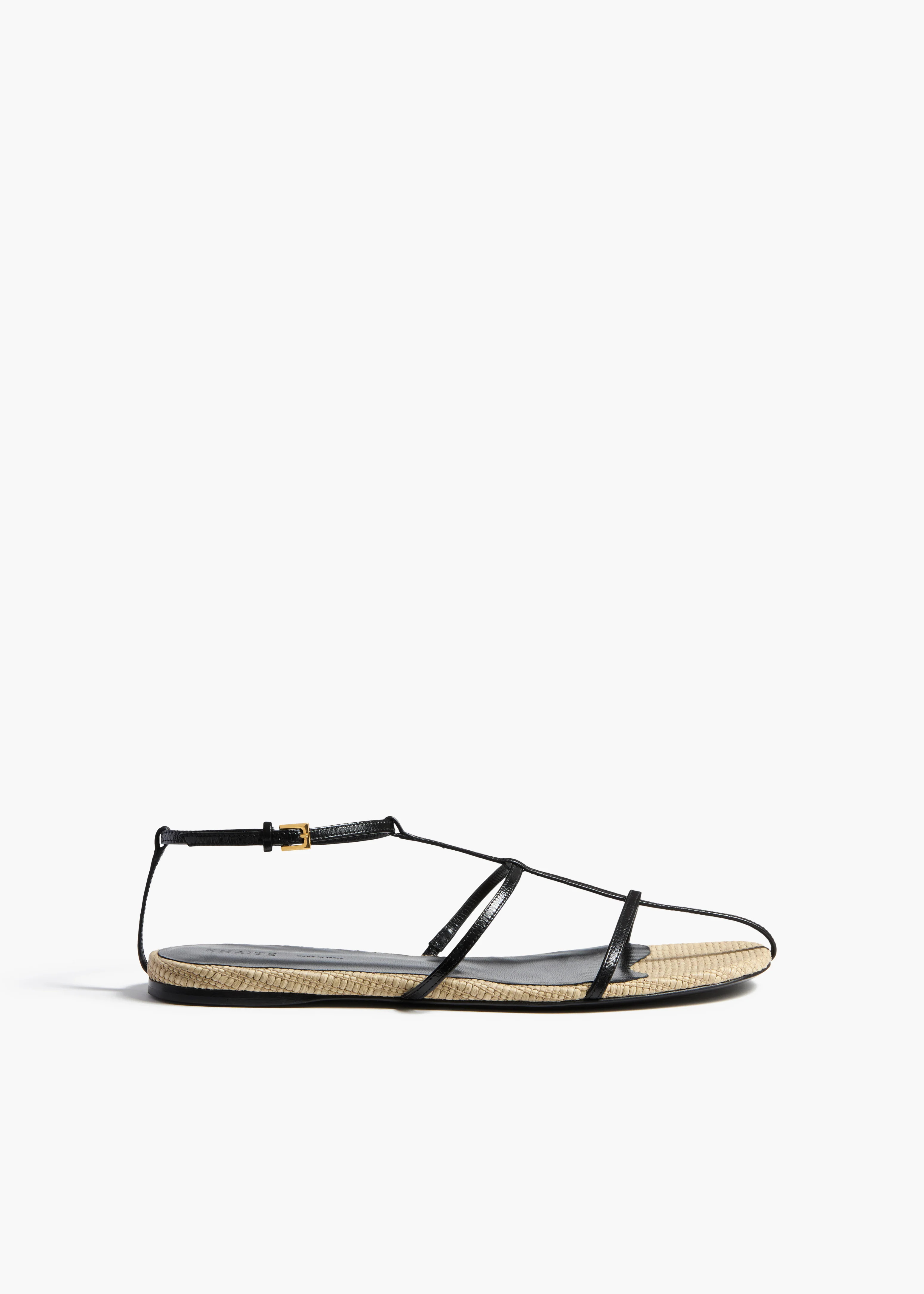 KHAITE - Cage Flat Sandal In Natural Raffia With Black Leather | Khaite