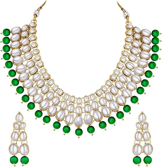 Faux Kundan Beaded Necklace Earring Set Indian Wedding Ethnic Bollywood Fashion Jewelry for Women | Amazon (US)