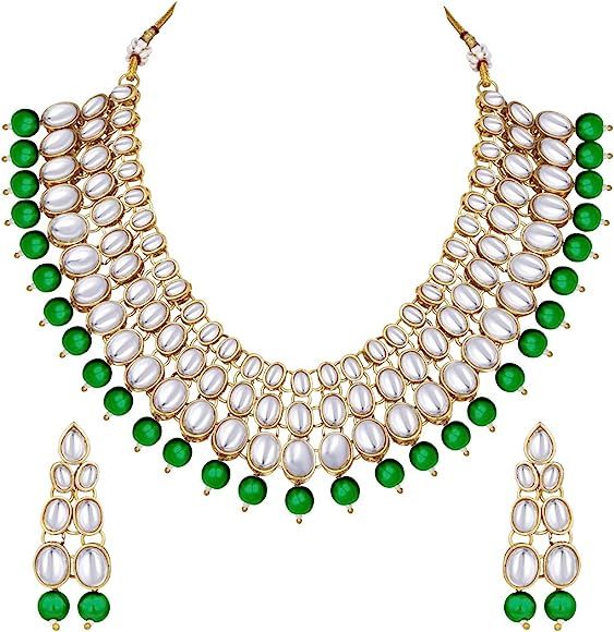 Faux Kundan Beaded Necklace Earring Set Indian Wedding Ethnic Bollywood Fashion Jewelry for Women | Amazon (US)