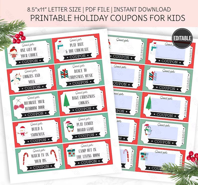 PRINTABLE Holiday Coupon, Christmas Gift for Kids, Editable Reward Coupons, Printable Reward Tick... | Etsy (US)