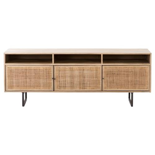 Carmela Mid Century Modern Light Brown Cane Mango Wood Black Iron Media Console | Kathy Kuo Home