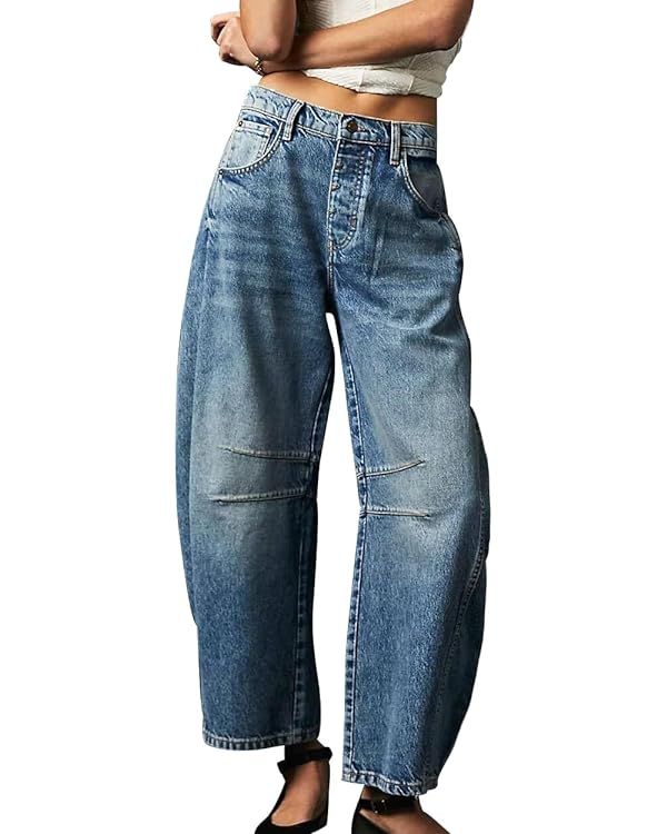 Barrel Jeans Women,Mid Rise Barrel Jeans for Women Wide Leg Loose Y2K Boyfriend Baggy Jeans Cropp... | Amazon (US)