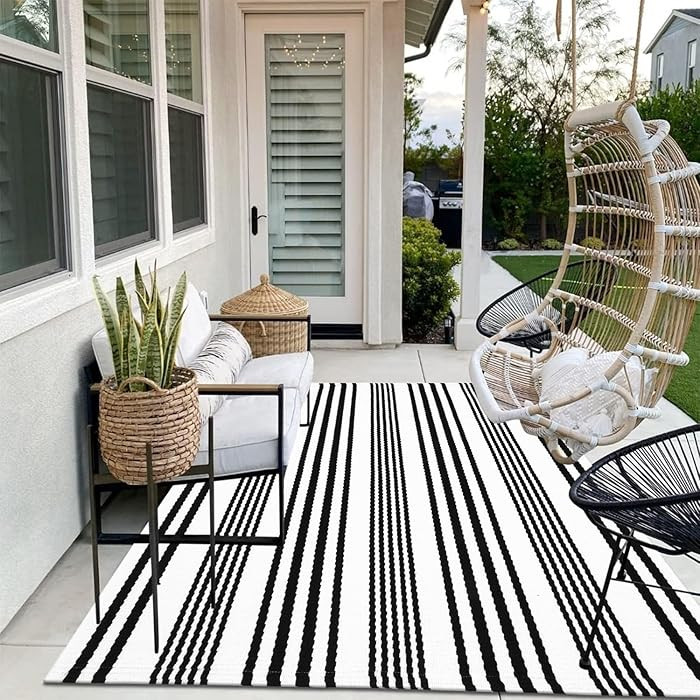 Black and White Indoor Outdoor Rug, 5’x8’ Cotton Striped Reversible Washable Modern Farmhouse... | Amazon (US)