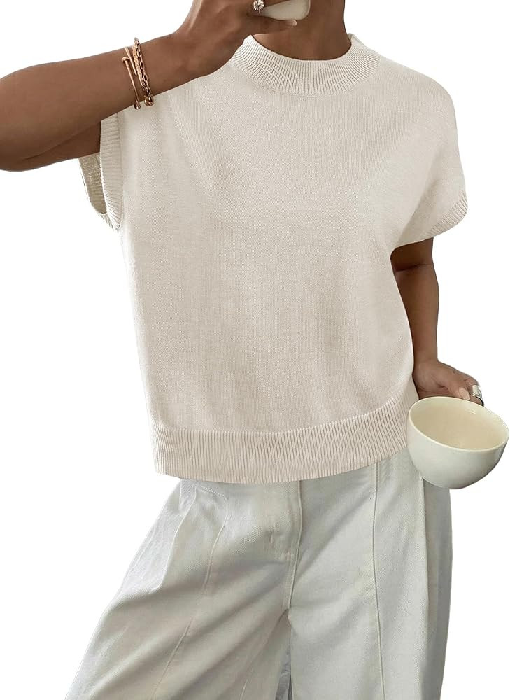 BLENCOT Womens Cap Sleeve Sweaters Summer Casual Short Sleeve Knit Tank Tops Loose Fit Crew Neck ... | Amazon (US)