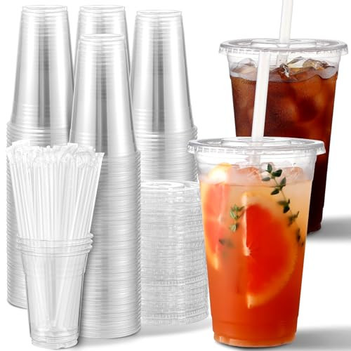 AOZITA 100 Pack - 24 oz Clear Plastic Cups with Lids and Straws, Sturdy & Food Safe Iced Coffee Cups with lids, Disposable Iced Coffee Cups for Cold Drinks | Amazon (US)