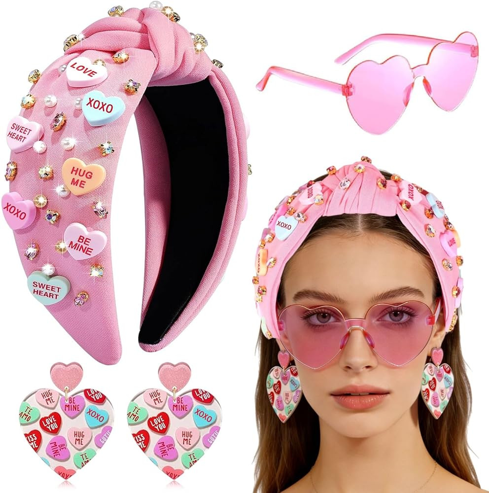 Valentines Day Headband for Women - 3PCS XOXO Heart Headbands Glasses and Earrings, Valentine’s... | Amazon (US)