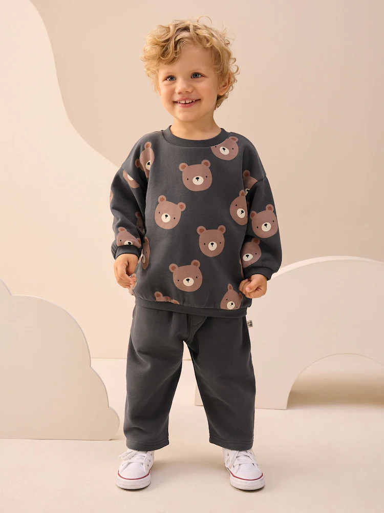 Charcoal Grey Bear All Over Single Sweatshirt And Stripe Joggers Set (3mths-7yrs) | Next US