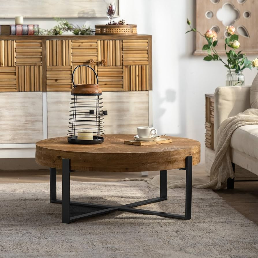 31.29" Modern Retro Splicing Round Coffee Table,Fir Wood Table Top with Black Cross Legs Base | Amazon (US)