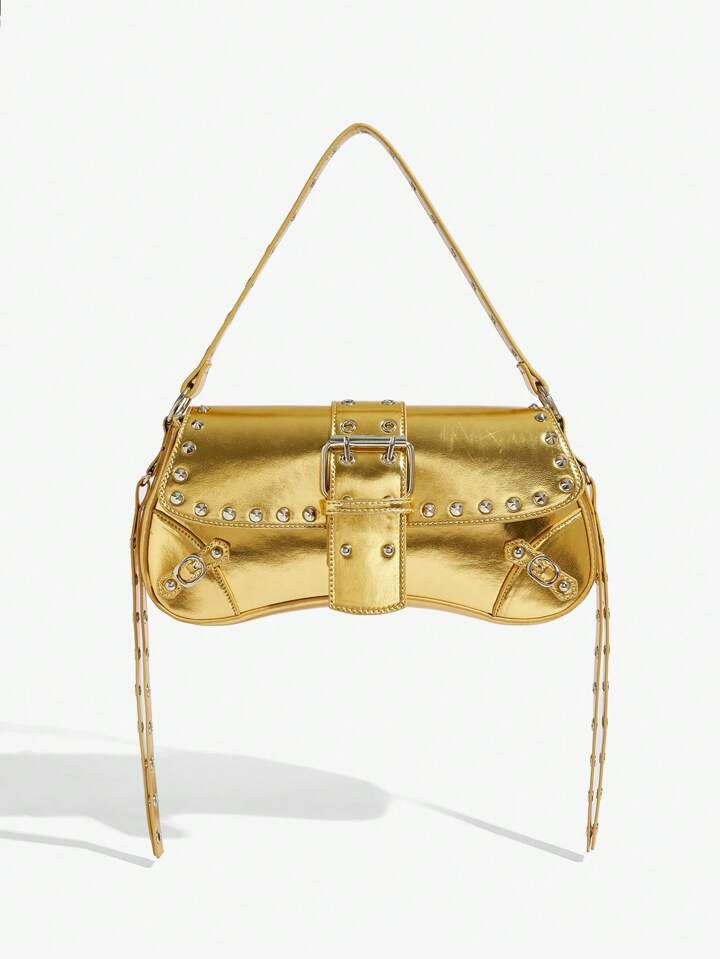 SHEIN SXY Fashionable Shoulder Gold Bag With Rivet Decoration For Women And Teenagers | SHEIN