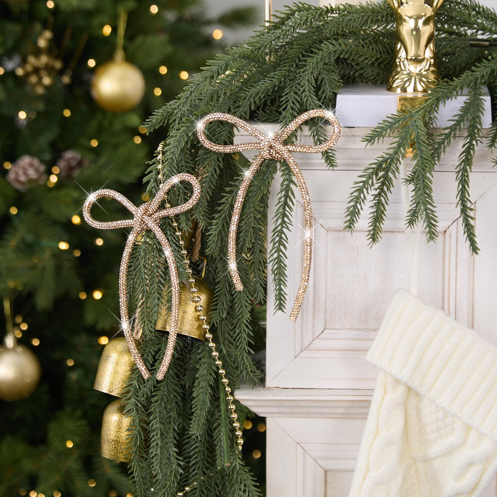 FLAIR GIFTS 6 Pcs 2025 Christmas Bows Ornaments, Champagne Gold Sparkly Glitter Rhinestone Bow Or... | Amazon (US)