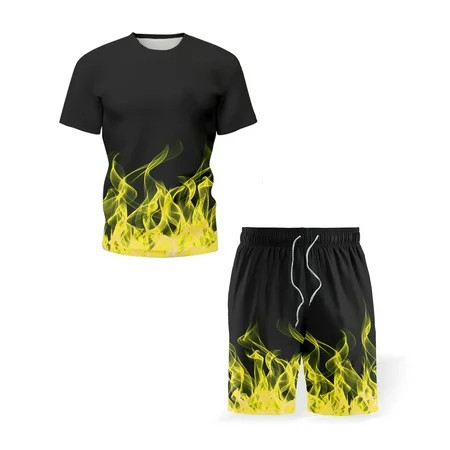 Flame Print Shirts for Men Men s Summer Gradient Short Sleeve and Sports Shorts Running Pants Two-Pi | Walmart (US)