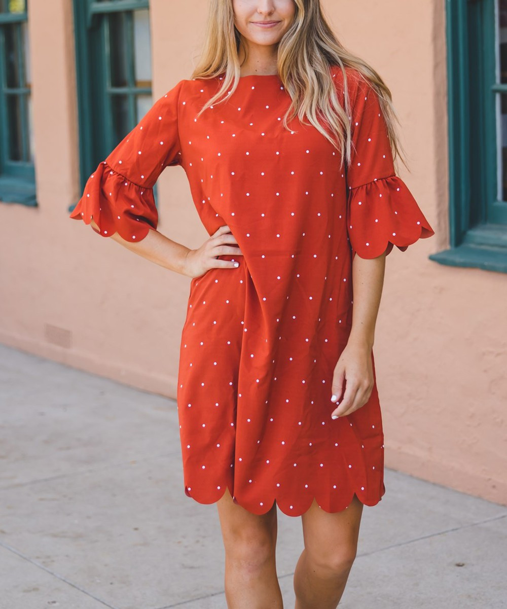 Tickled Teal Women's Casual Dresses Rust - Rust Polka Dot Scallop-Trim Shift Dress - Women | Zulily