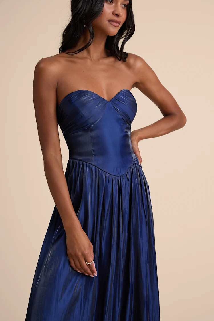 Kylin Navy Satin Basque Waist Maxi Dress | Lulus