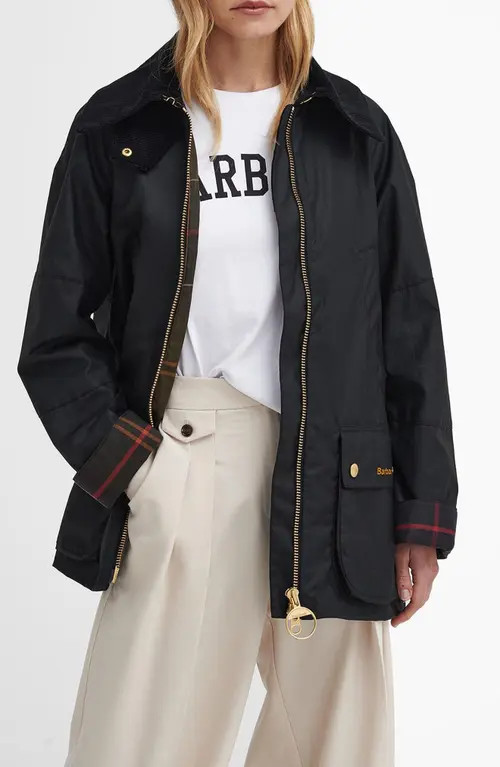 Barbour Allerston Water Resistant Waxed Cotton Jacket in Black/Classic at Nordstrom, Size 10 Us | Nordstrom
