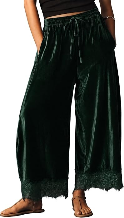 Lviefent Womens Lace Hem Velvet Pants Drawstring Casual Balloon Trousers | Amazon (US)
