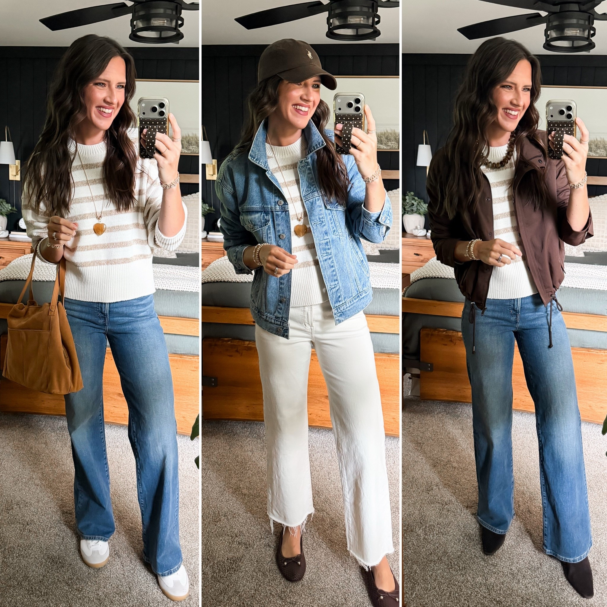 Fall Capsule Wardrobe - Stripe Sweater 

Sweater (medium) 
Blue jeans (27 long) 
Denim jacket (xs/sm) 
Ivory jeans (27 long) 
Brown jacket (sized up to a large)