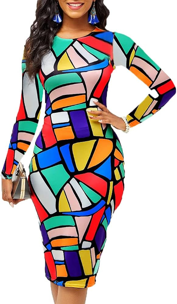 Church Dresses for Women Bodycon Sexy Pencil Party Club Night Out Long Sleeve Floral Print Midi D... | Amazon (US)