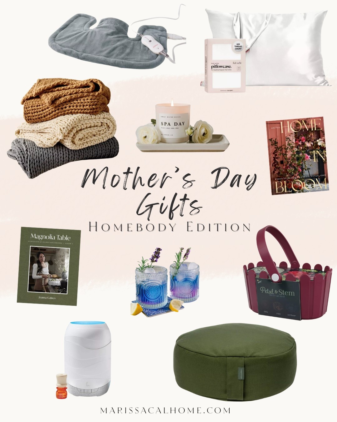 Mother’s Day gifts “Homebody Edition” // Target Finds // heating pad // satin pillowcase // chunky knit throw blankets // spa candle // coffee table books // gardening // cocktail glasses // diffuser // meditation pillowws

#LTKHome #LTKGiftGuide