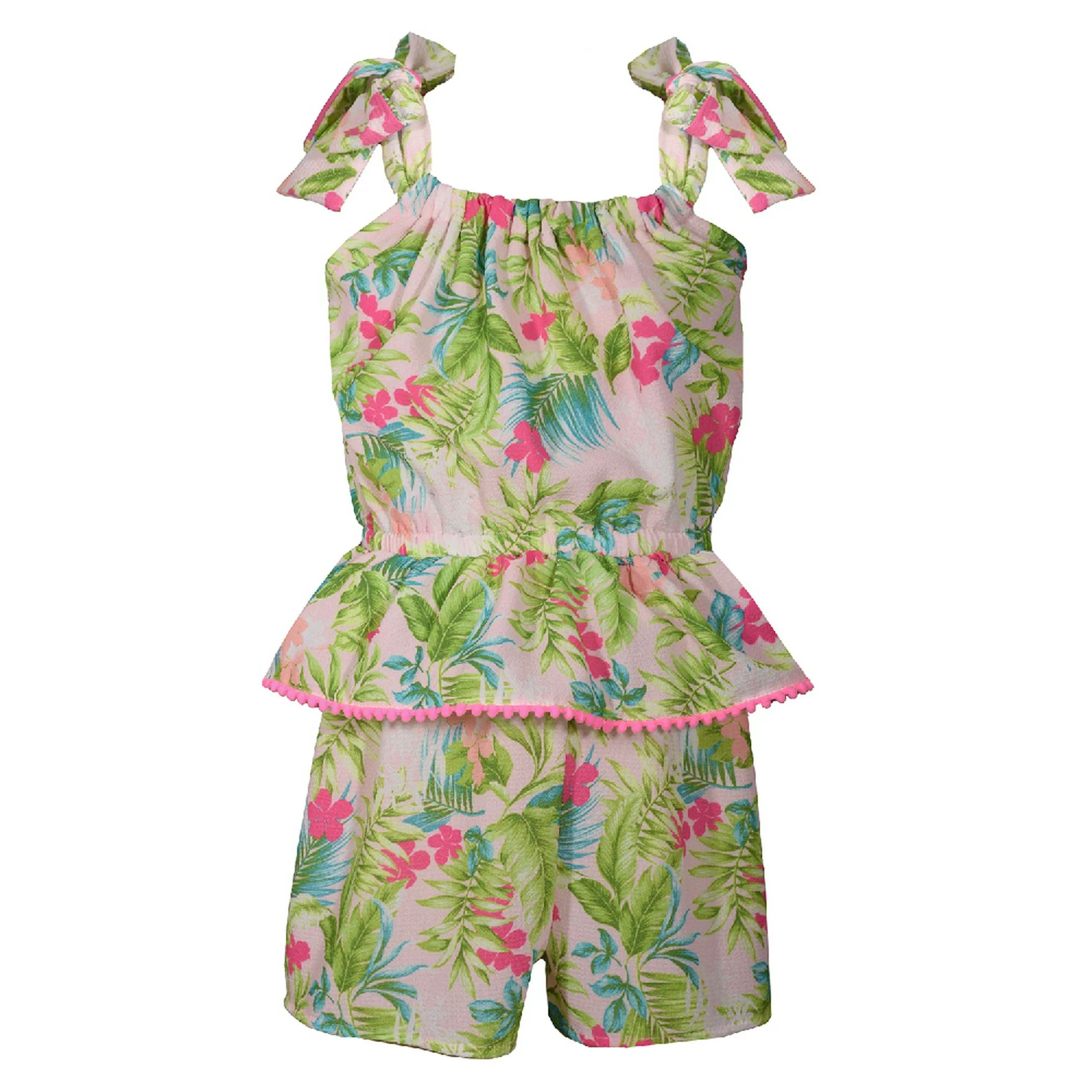 Bonnie Jean Pink Tropical Print Pom Pom Trim Peplum Romper Big Girls | Walmart (US)