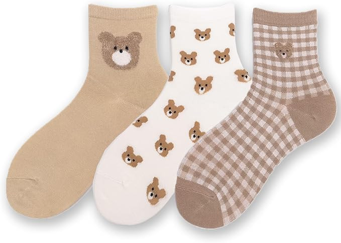 Women's Crew Socks Cute Bear Cat Floral Soft Fancy Socks Gifts for Women 3 Pairs | Amazon (US)